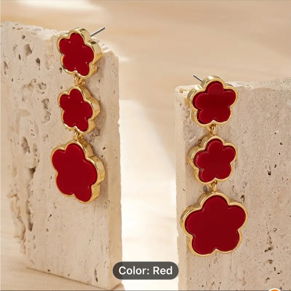 RED FLOWER DESIGN LONG DANGLE EARRINGS RETRO BOHEMIAN STYLE JEWELRY NEW - Picture 4 of 4